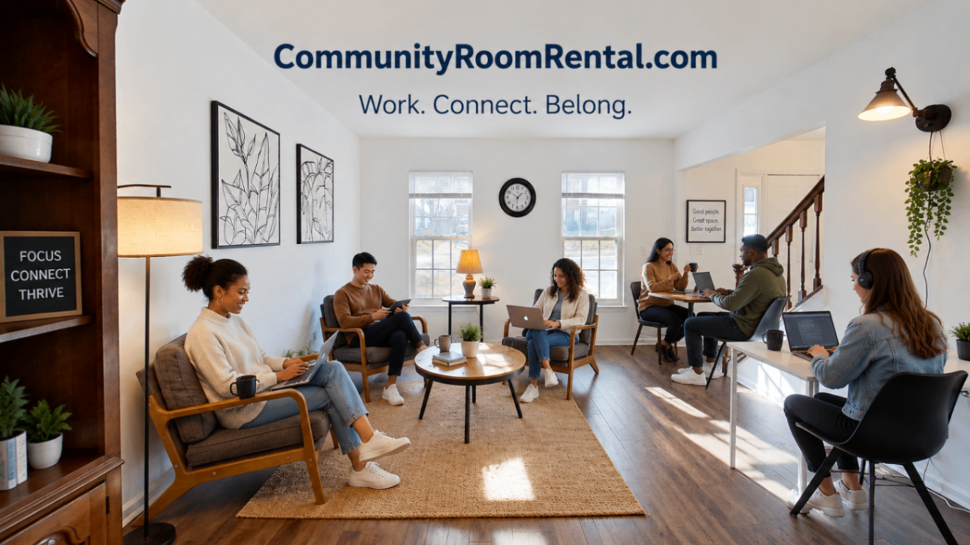 Community room rental with people meeting in a bright, modern coworking lounge