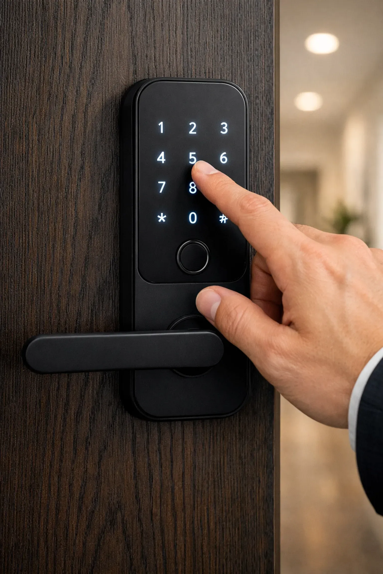Hand entering a code on a black digital door lock on a wooden door; an interior hallway is visible.