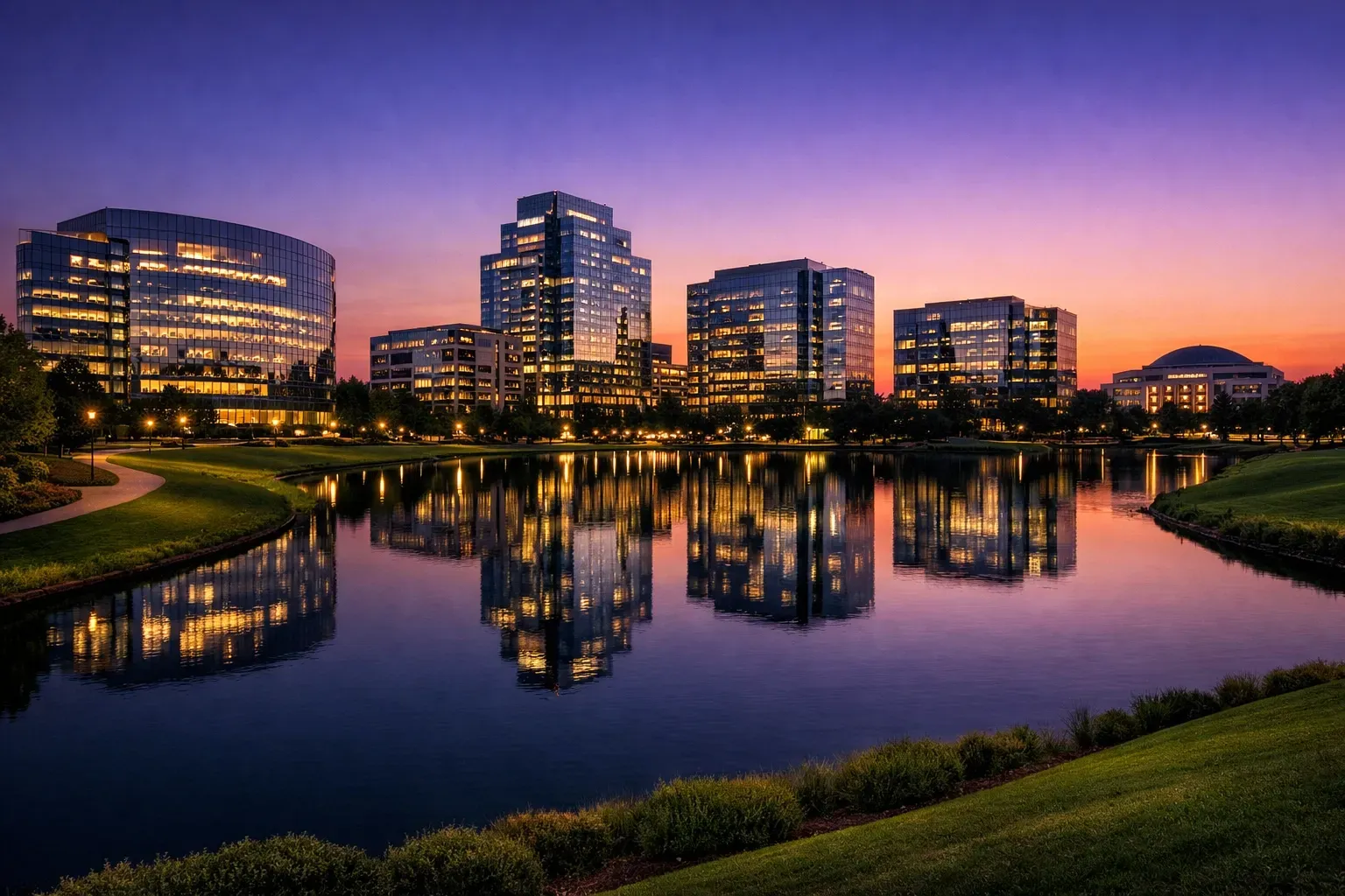 Skyline of lit buildings reflected in a lake at dusk; blue and orange hues.