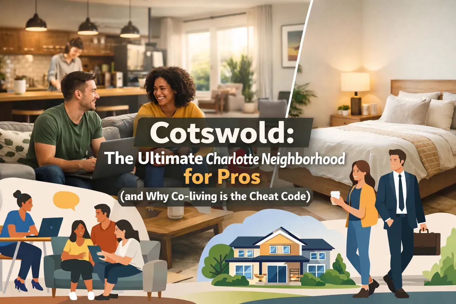 Promotional graphic for Cotswold neighborhood. Features living room and bedroom scenes with the title