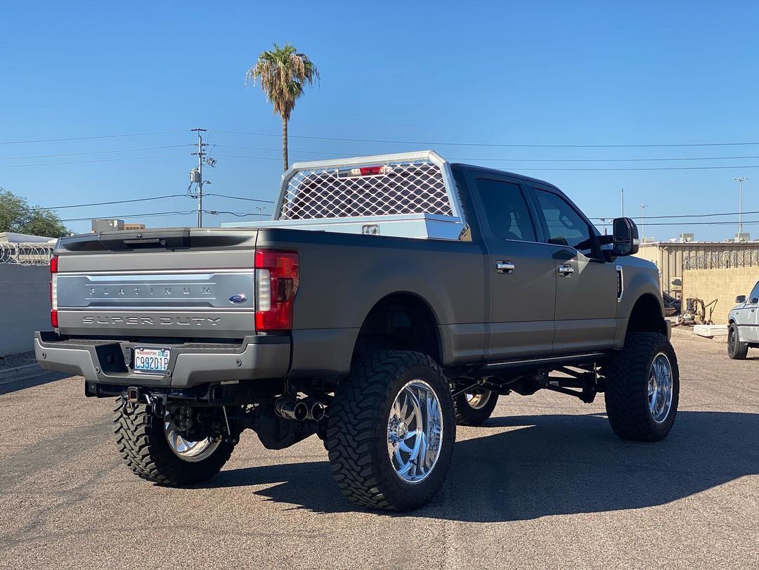 A ford truck is parked in a parking lot with a palm tree in the background.