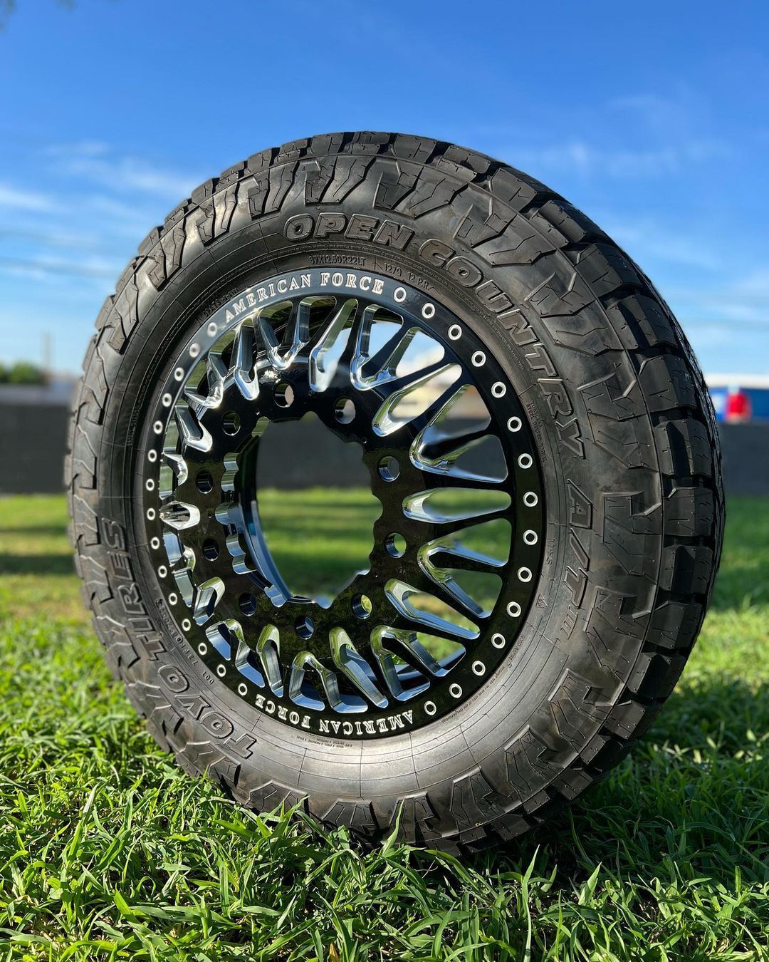 A tire is sitting on top of a lush green field.