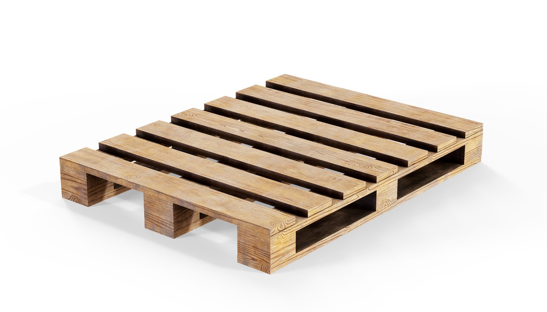 Wooden pallet with slats and cutout openings, shown on a white background