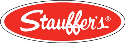 Stauffer’s logo in white script on a red oval with a white border