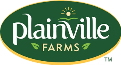 Plainville Farms logo with white and yellow text on a green oval background