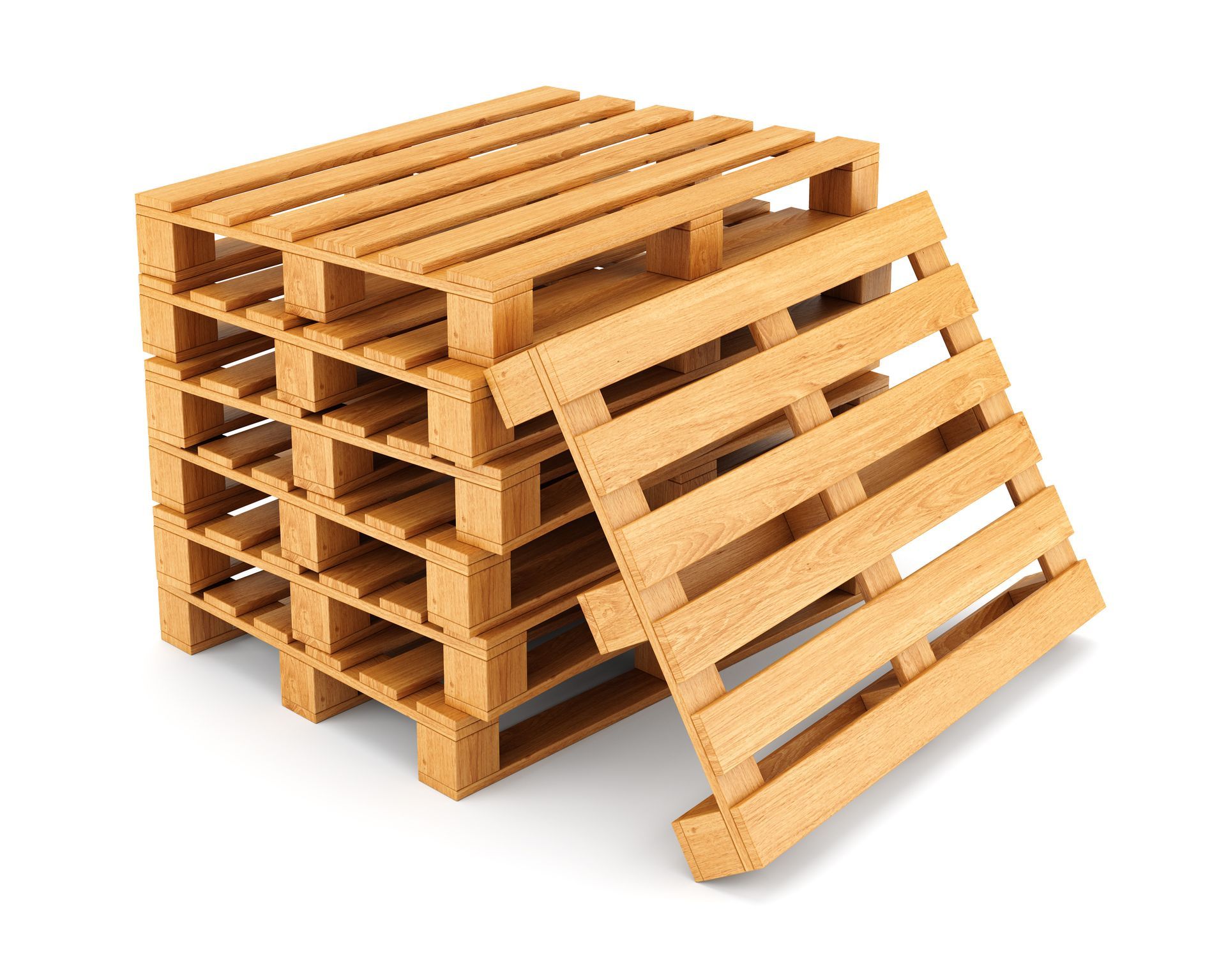 Stacked wooden pallets, with one leaning against the side.