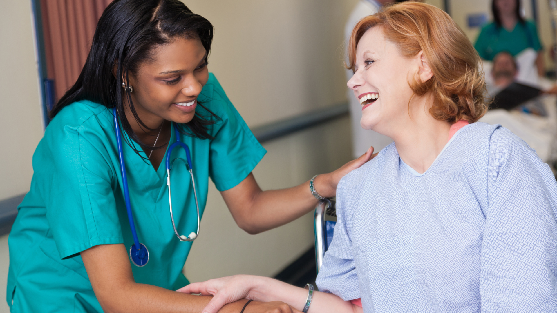 An elderly woman is holding a person 's hand while holding a cane.