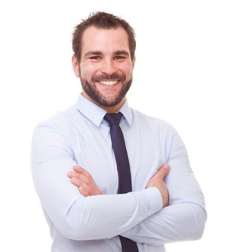 A smiling man who has overcome stage fright in business presentations