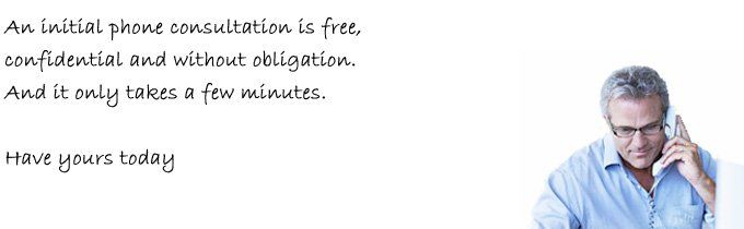 A therapist on a phone call with a quote about an initial consultation for glossophobia being free and confidential