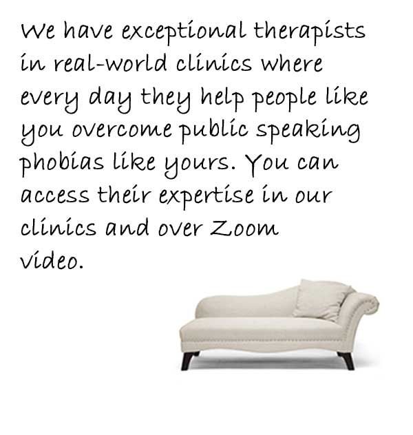 A therapy couch with a quote about how our therapists help people overcome their fear and anxiety around public speaking