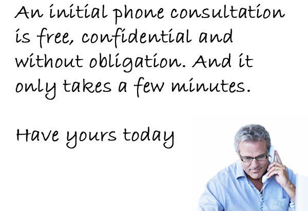 A therapist on a phone call with a quote about an initial consultation for glossophobia being free and confidential