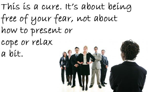 A woman speaking to a group of businesspeople with a quote about how the public speaking program is about being free of fear