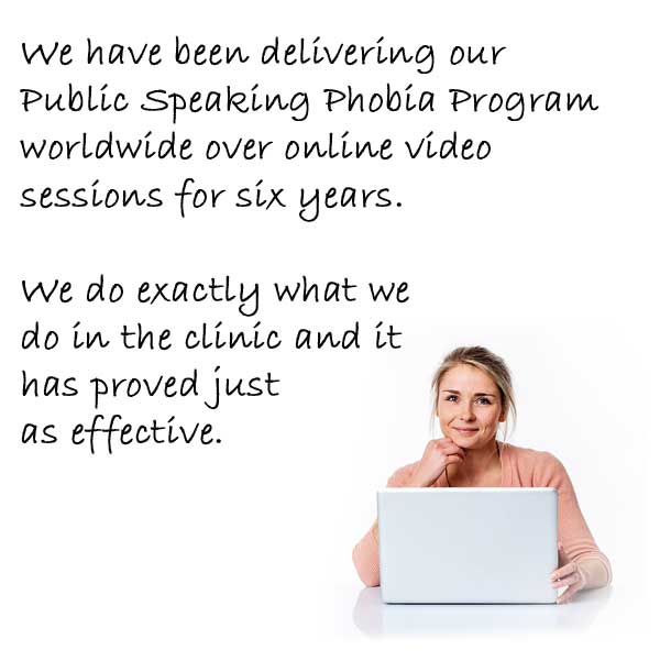 A woman with a laptop and a quote about how we deliver our public speaking phobia cure online in the UK and worldwide