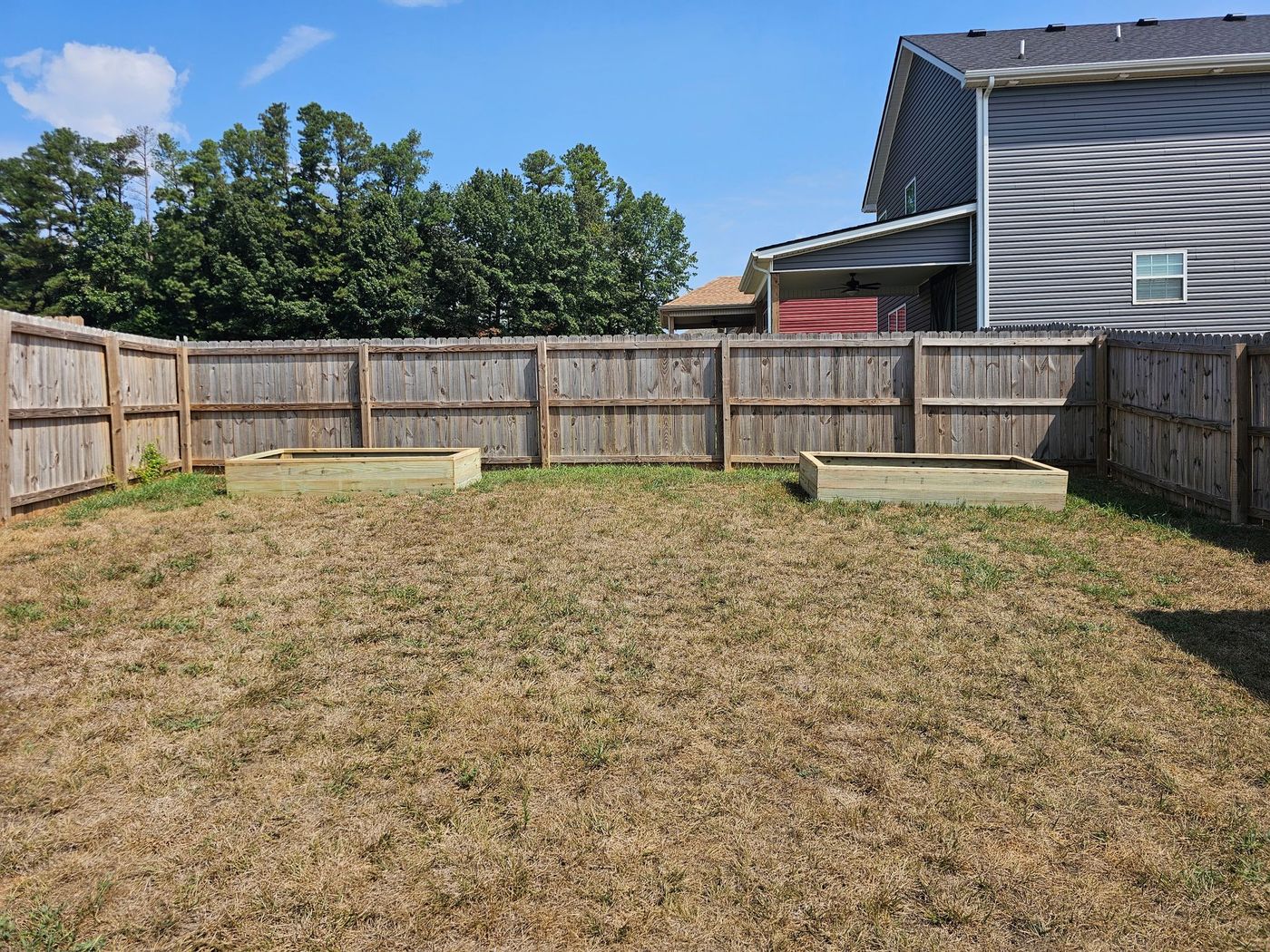 Backyard with brown grass, wooden fence, two raised garden beds, and a house in the background.