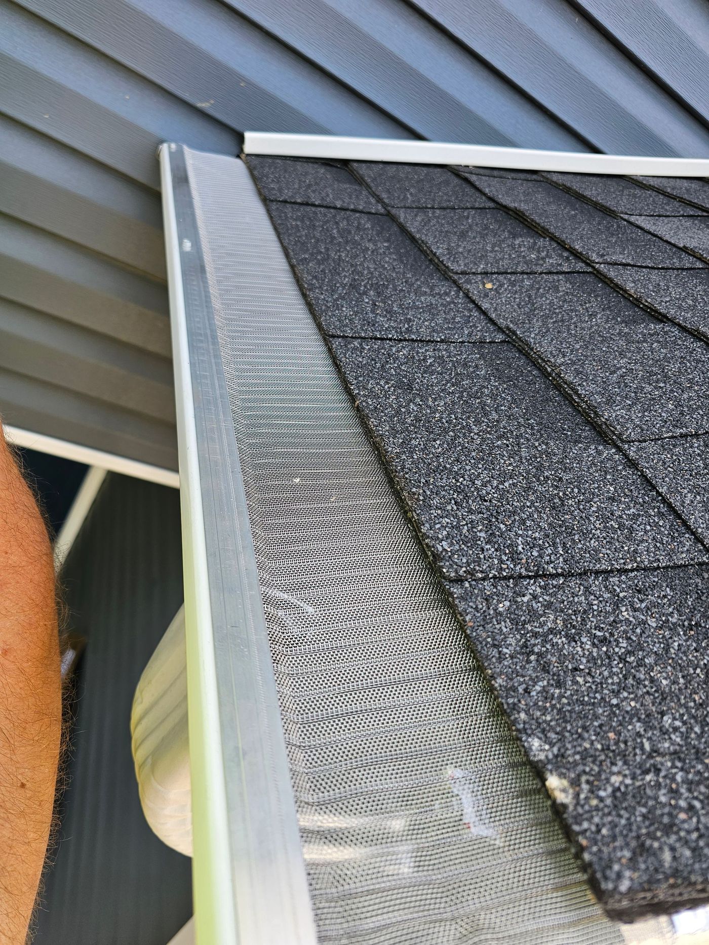 Close-up of a roof with dark shingles and a metal mesh gutter guard. Gray siding is visible.