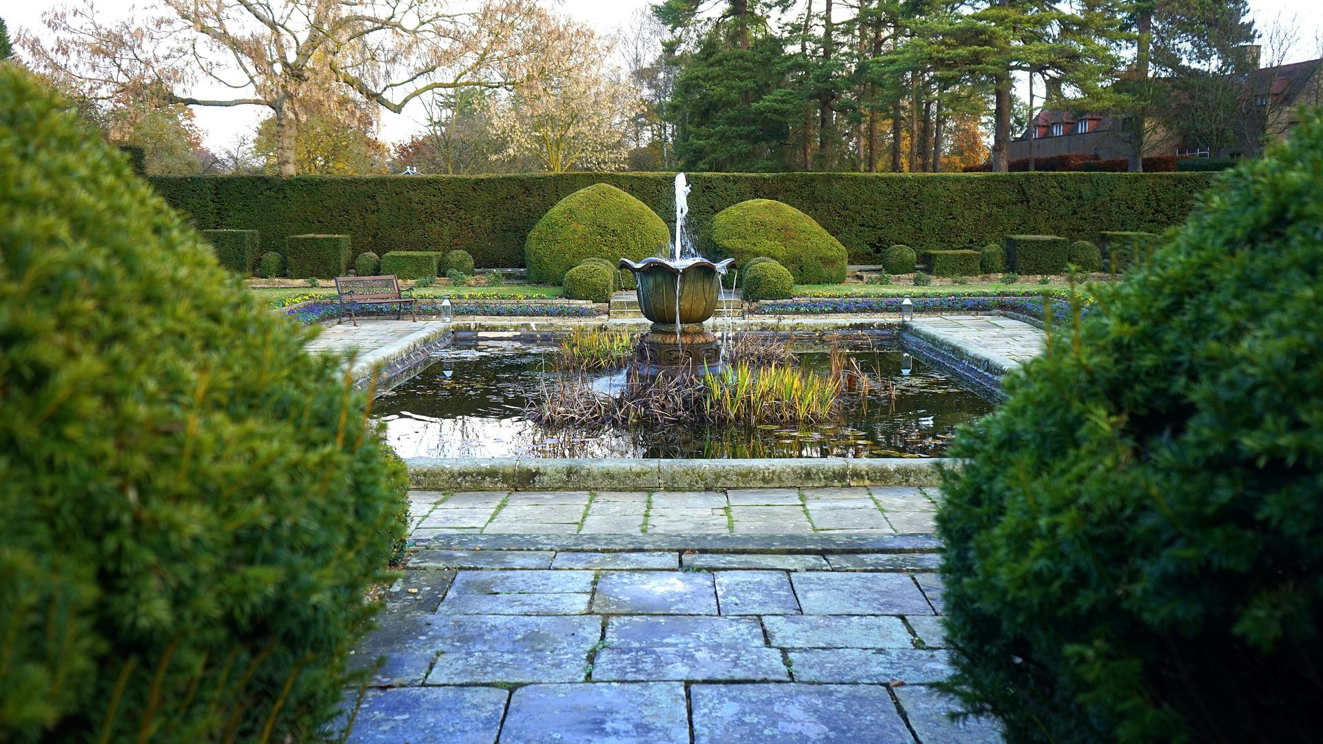 Stone-lined pond with fountain, framed by manicured bushes, in a formal garden.