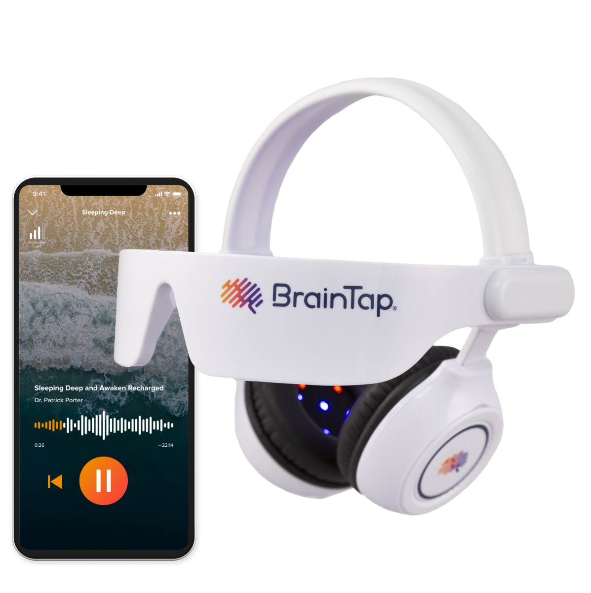 A pair of braintap headphones next to a smart phone