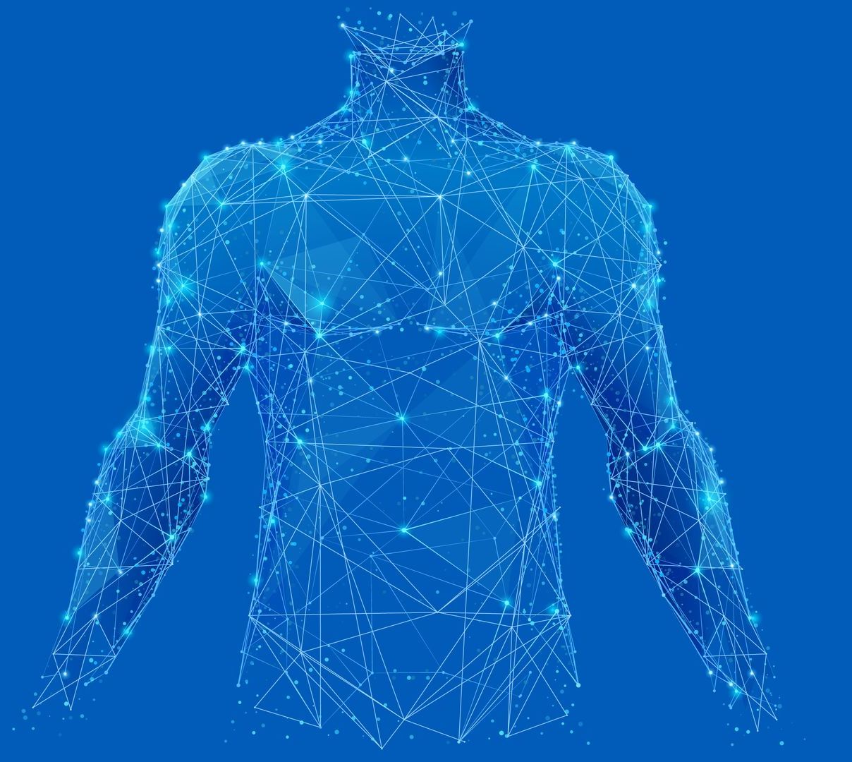 A silhouette of a man 's body made of lines and dots on a blue background.