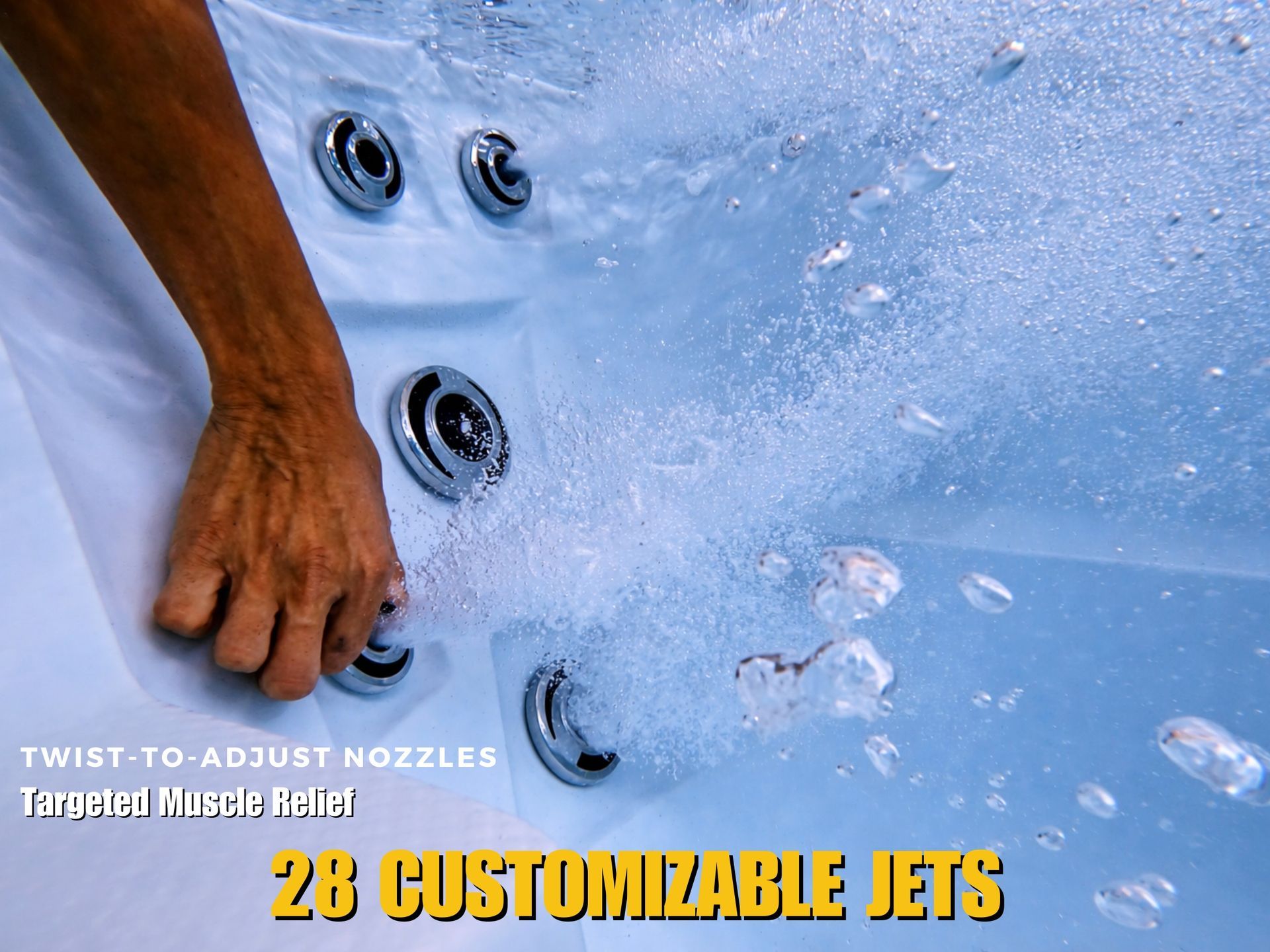 ภาพระยะใกล้ของหัวเจ็ทอ่างน้ำร้อนแบบปรับหมุนได้ 28 จุด (Twist-to-Adjust Nozzles) แสดงแรงดันน้ำสำหรับนวดกล้ามเนื้อเฉพาะจุด ช่วยผ่อนคลายด้วยระบบ Hydrotherapy และปรับระดับแรงน้ำได้ตามต้องการ