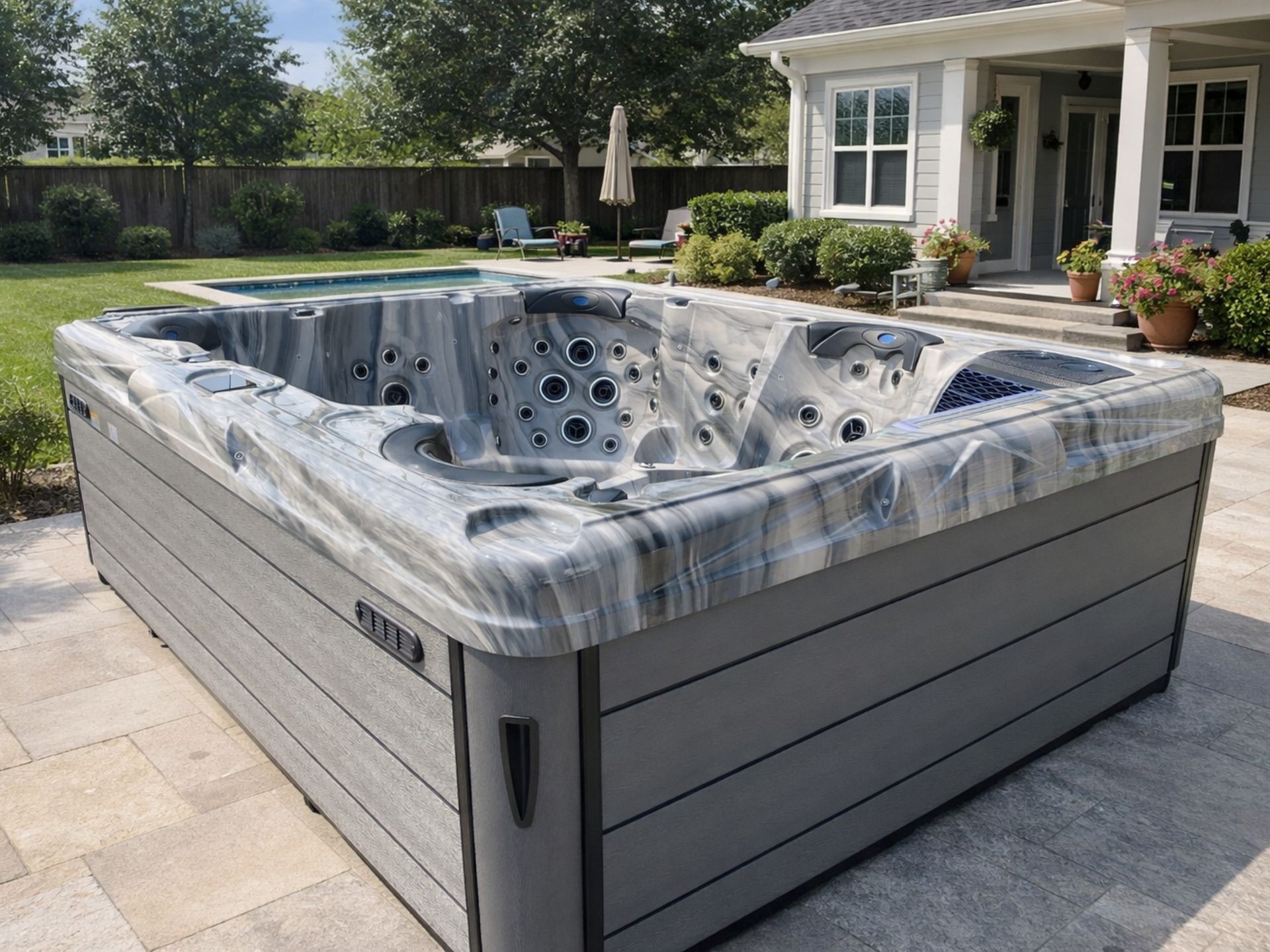 อ่างน้ำร้อน รุ่น OCEANFRONT Alfa (โอเชี่ยนฟรอนท์ อัลฟ่า) แบบ 2 ที่นอนเลาจน์ 1 ที่นั่ง ติดตั้งบนระเบียงบ้าน บรรยากาศธรรมชาติ ระบบเจ็ทนวดน้ำแรงดันสูง เหมาะสำหรับบ้านพักอาศัยและรีสอร์ท