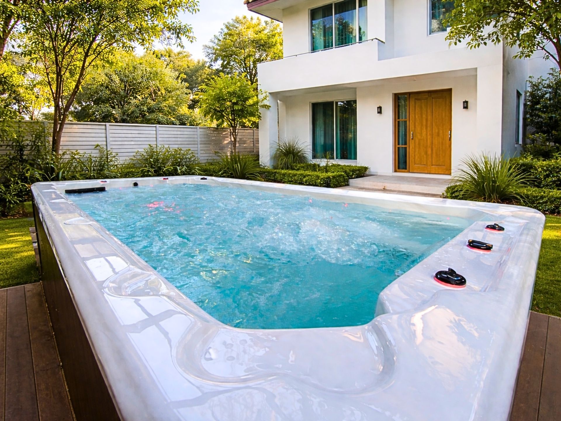 สระว่ายน้ำสปาว่ายทวนกระแสติดตั้งในบ้านพักอาศัย สไตล์บ้านเขตร้อนในประเทศไทย พร้อมระบบสร้างกระแสน้ำสำหรับว่ายทวนและระบบนวดสปา เหมาะสำหรับการออกกำลังกายและการพักผ่อนของครอบครัว