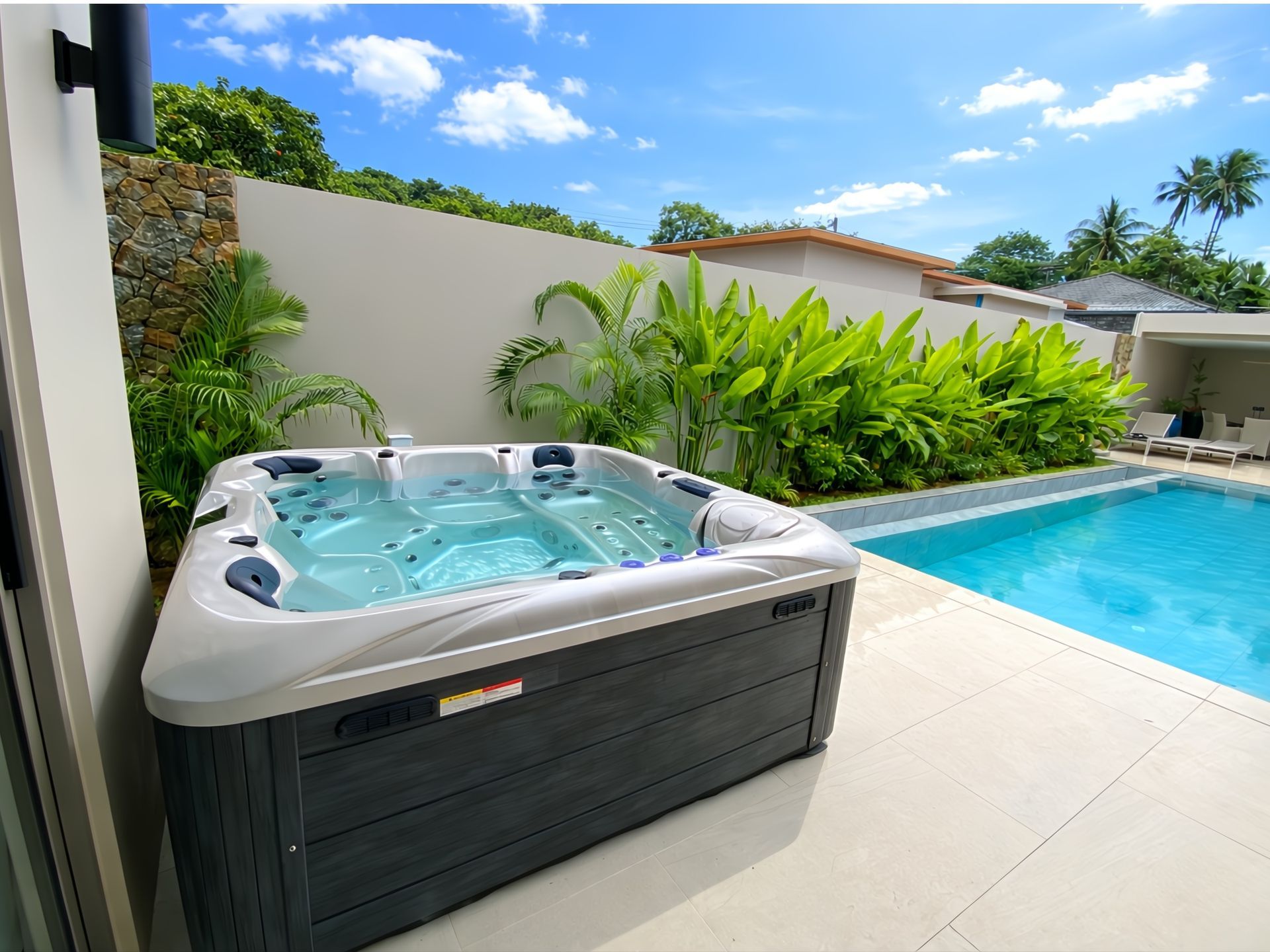 OCEANFRONT Alfa seires - Couple's Hot Tub Outdoor hot tub installed beside a swimming pool in a tropical backyard, creating a luxury resort-style relaxation space