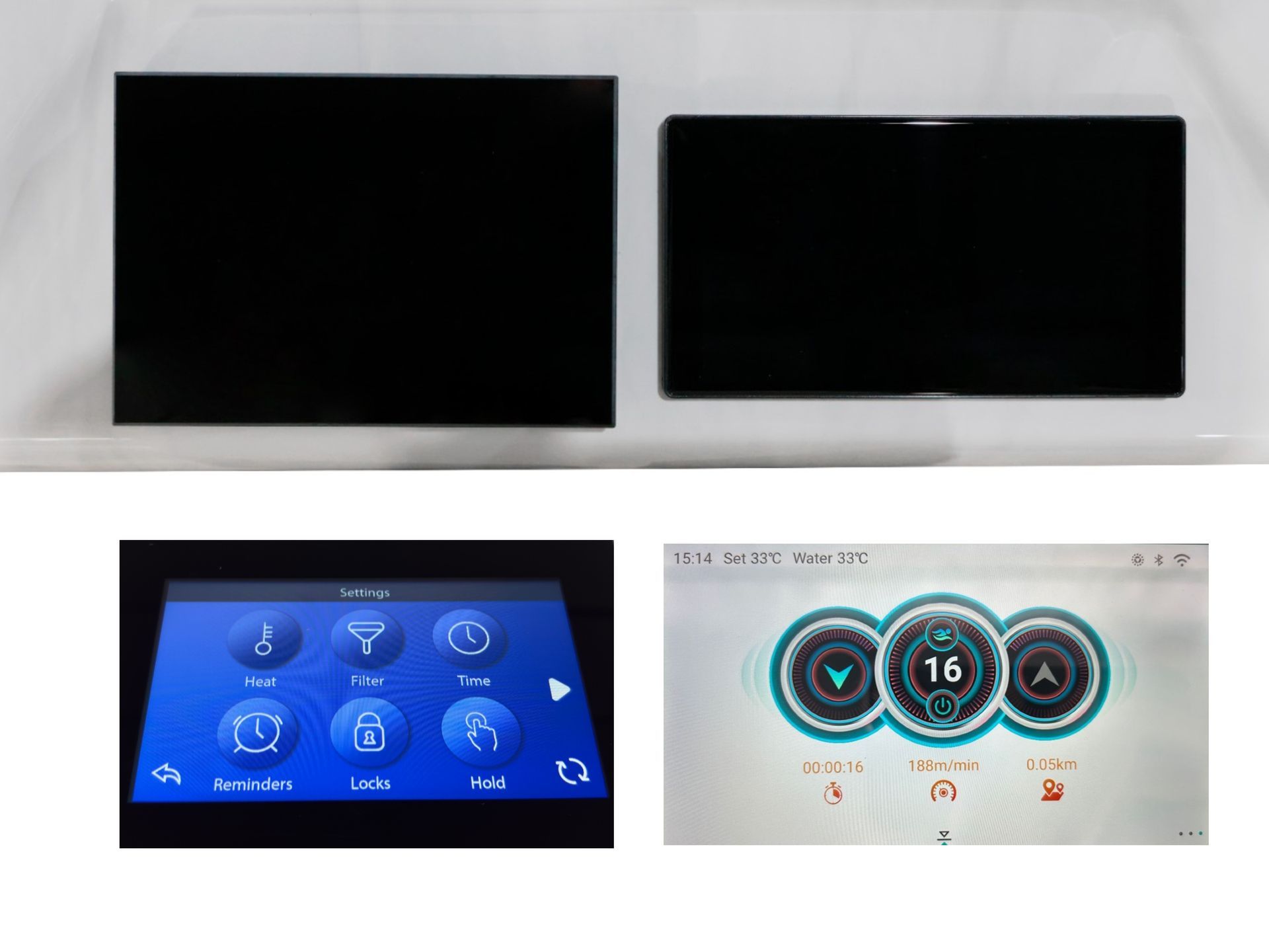 Dual touch screen control panel for swim spa, displaying water temperature, swim speed, timer, and system settings for heating, filtration, and safety control.