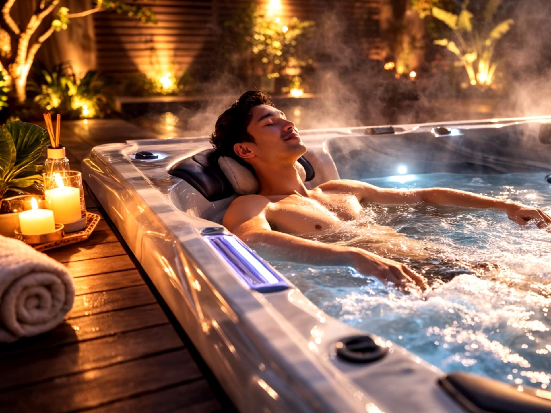 ภาพการใช้งานอ่างน้ำร้อนในช่วงกลางคืน แสดงไอน้ำลอยขึ้นจากผิวน้ำ สื่อถึงระบบทำน้ำอุ่นที่รักษาอุณหภูมิได้อย่างสม่ำเสมอ ช่วยให้ผู้ใช้งานผ่อนคลายได้อย่างต่อเนื่องในบรรยากาศอบอุ่นและเงียบสงบ