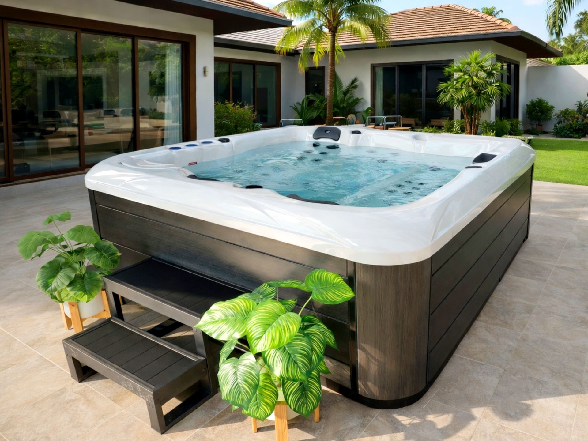 MILA hot tub featuring 2 lounge seats and 2 upright seats installed in a modern outdoor home setting, ideal for luxury villas and resorts in Thailand with advanced hydrotherapy jet system