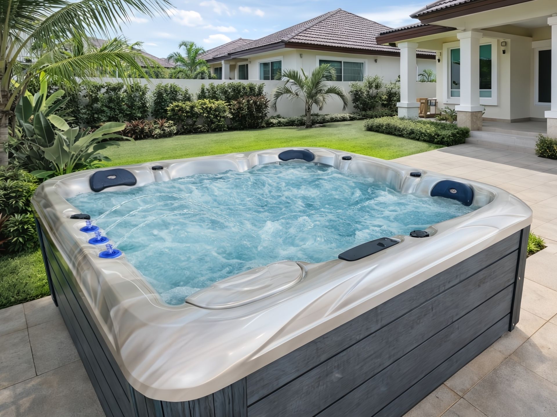 MARINA 5-person outdoor hot tub with 2 loungers and 3 seats installed in a private home garden, featuring powerful hydrotherapy jets for family relaxation.