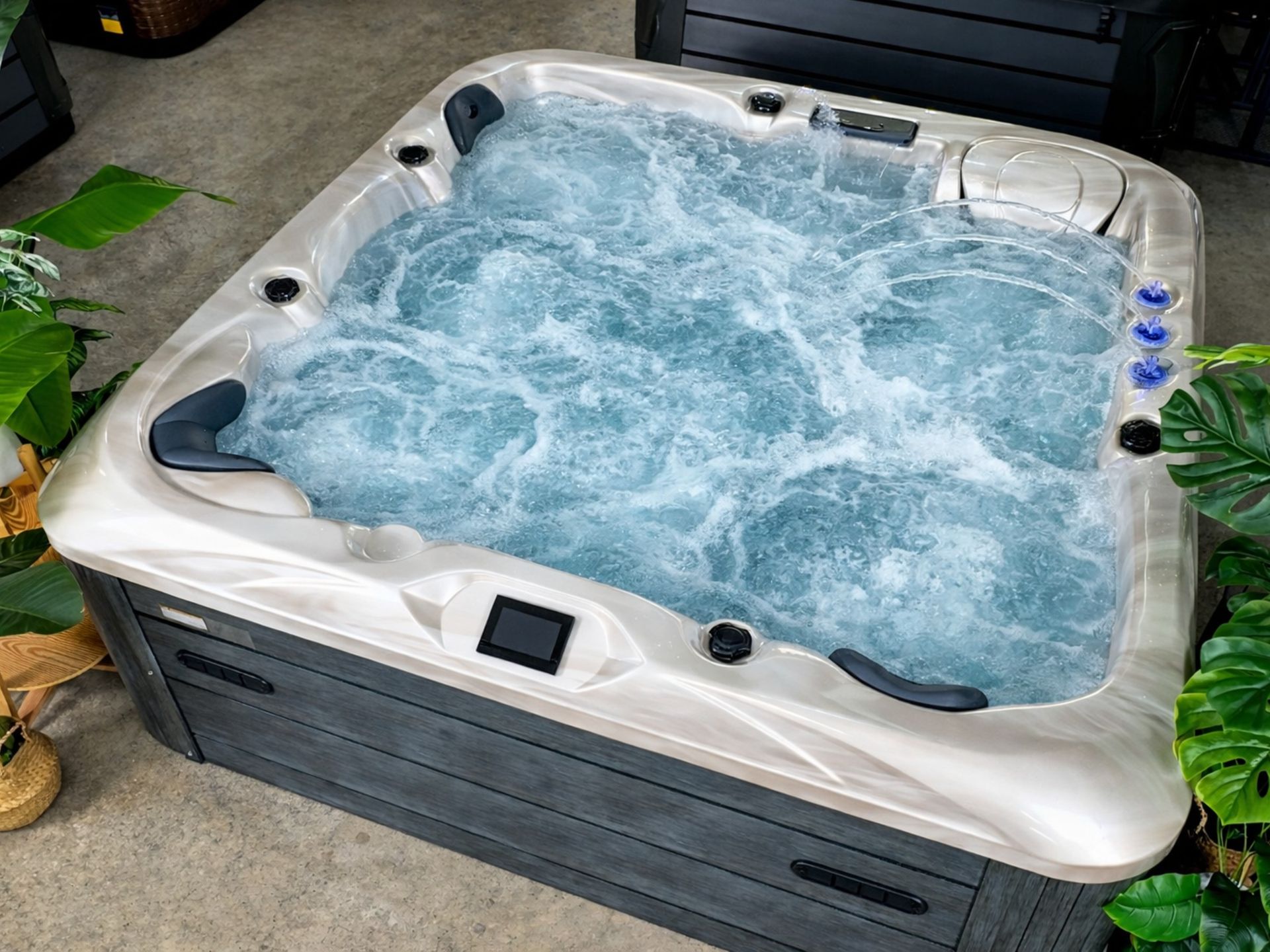 MARINA 5-person outdoor hot tub with 2 loungers and 3 seats, featuring powerful hydrotherapy jets and a built-in digital control panel for modern home spa installation.