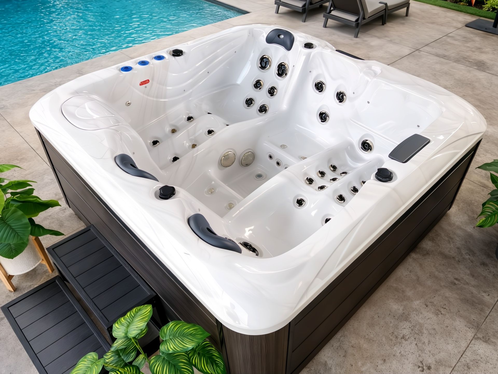 MARINA 5-person outdoor hot tub with 2 loungers and 3 seats installed in a private home garden, featuring powerful hydrotherapy jets for family relaxation.