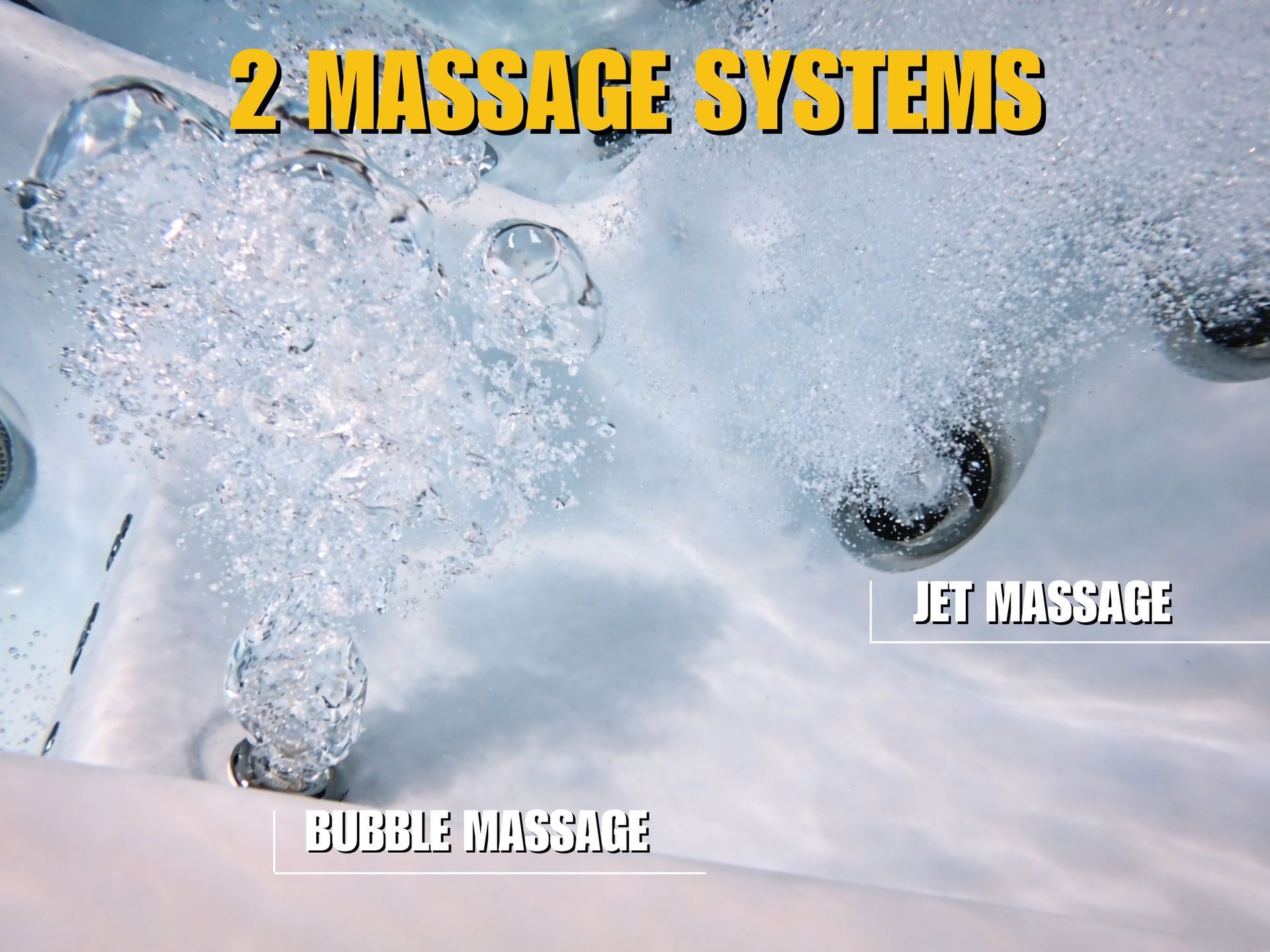 Close-up of Jet Massage and Bubble Massage systems in the MILA hot tub, designed for effective hydrotherapy. Powerful water jets and air bubbles help relieve muscle tension and improve circulation. Ideal luxury outdoor spa for homes, villas, and resorts in Thailand.