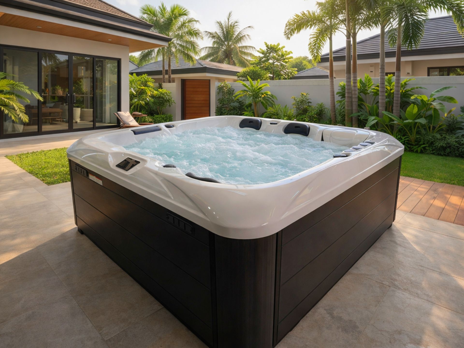 Image of Mila luxury hot tub installed in a modern outdoor home setting, featuring 2 loungers and 2 seats with 42 hydrotherapy massage jets and 6 bubble massage jets. Equipped with a built-in heater system for consistent warm water, ideal for residential homes, villas, and pool villas in Thailand.