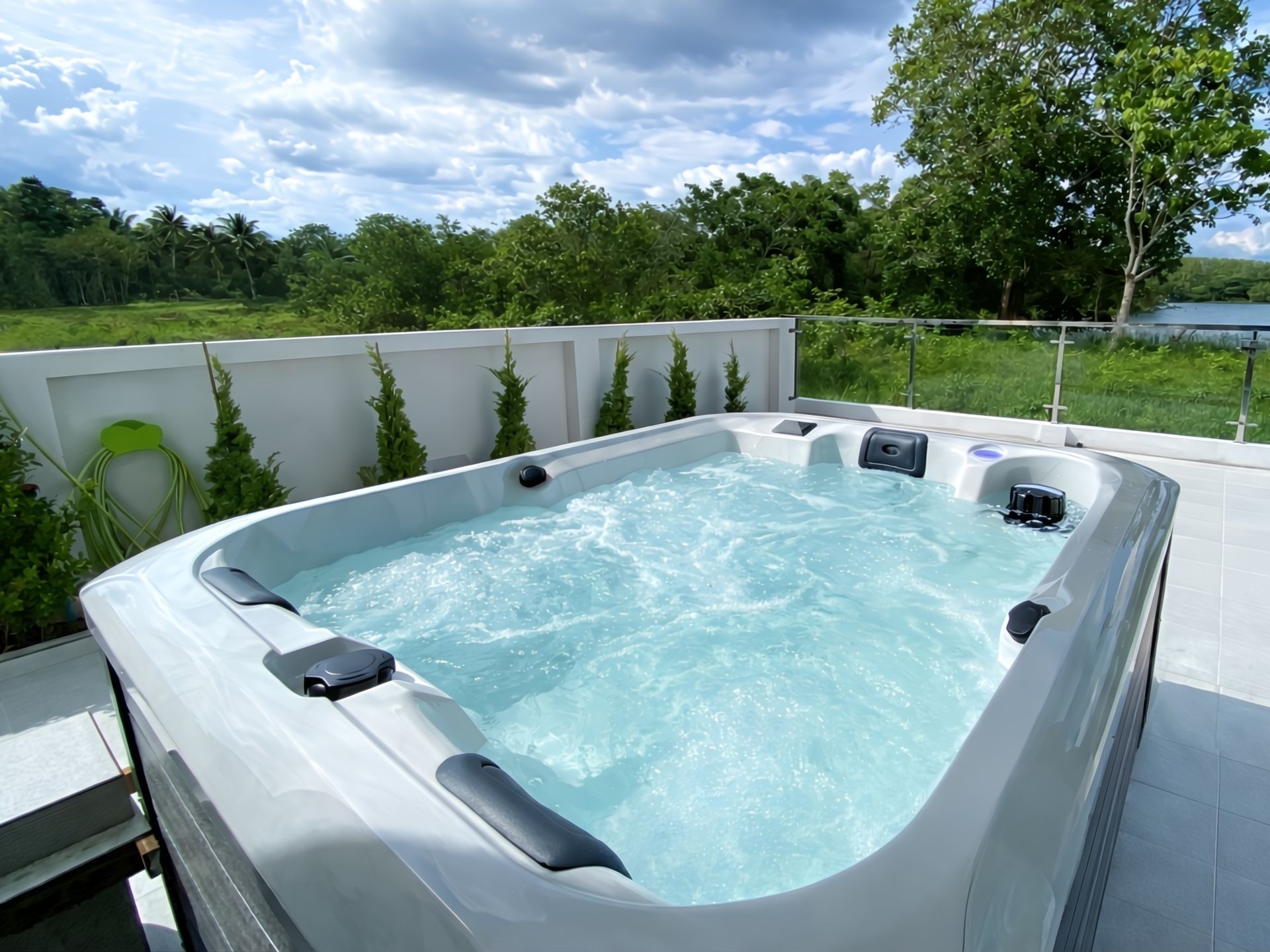 อ่างน้ำร้อน รุ่น OCEANFRONT Alfa (โอเชี่ยนฟรอนท์ อัลฟ่า) แบบ 2 ที่นอนเลาจน์ 1 ที่นั่ง ติดตั้งบนระเบียงบ้าน บรรยากาศธรรมชาติ ระบบเจ็ทนวดน้ำแรงดันสูง เหมาะสำหรับบ้านพักอาศัยและรีสอร์ท