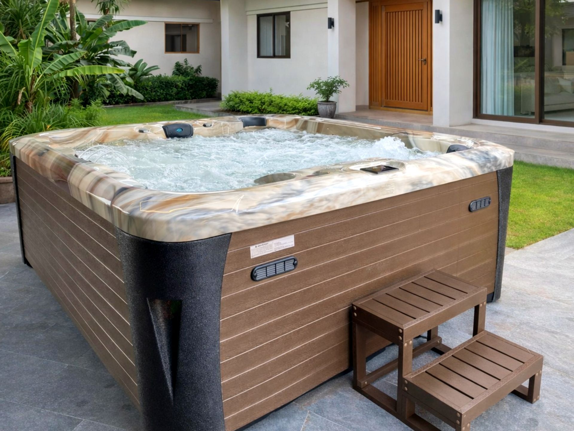 อ่างน้ำร้อน Hot Tub รุ่น Rain Forest ติดตั้งบริเวณสวนหน้าบ้าน ดีไซน์หรู พร้อมระบบเจ็ตนวดทำงานเต็มประสิทธิภาพ