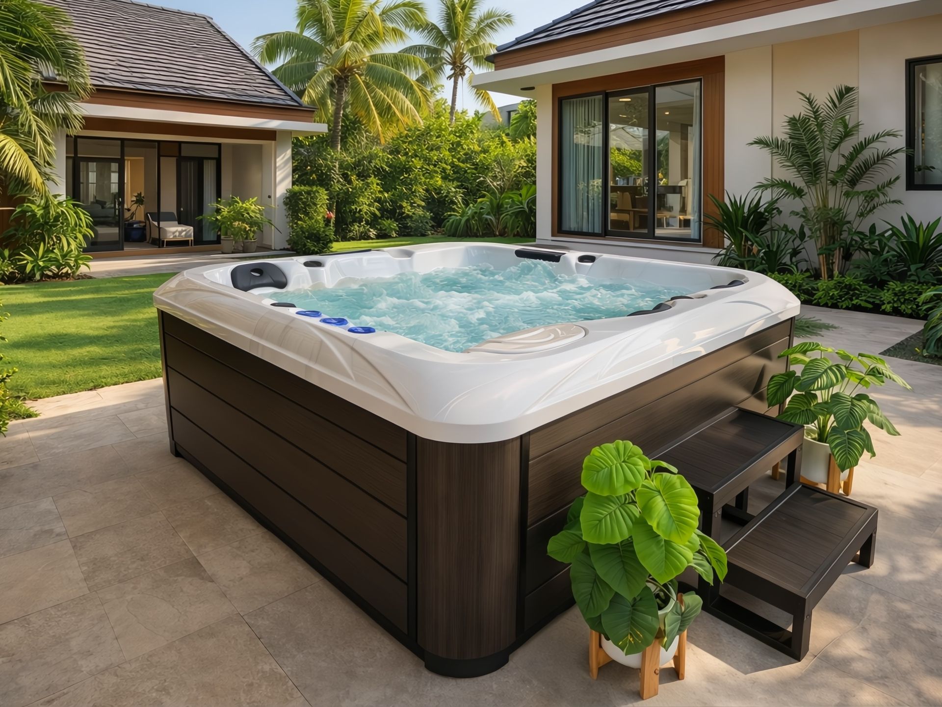 Modern outdoor hot tub installed in a tropical backyard of a single house in Thailand, surrounded by palm trees and lush greenery, creating a relaxing luxury home spa atmosphere.