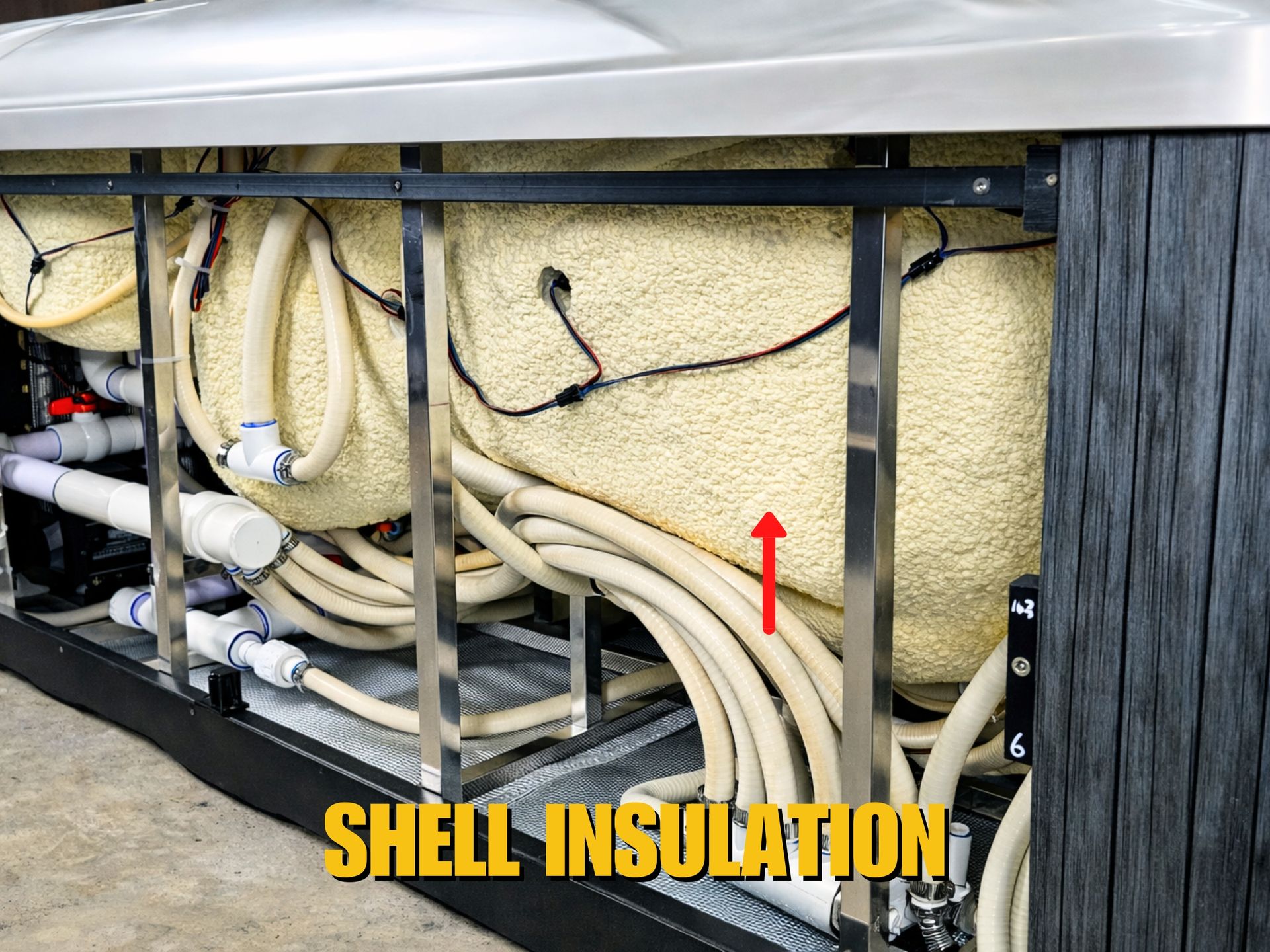 Spray foam shell insulation for hot tubs, designed to retain heat, improve energy efficiency, and reinforce structural strength
