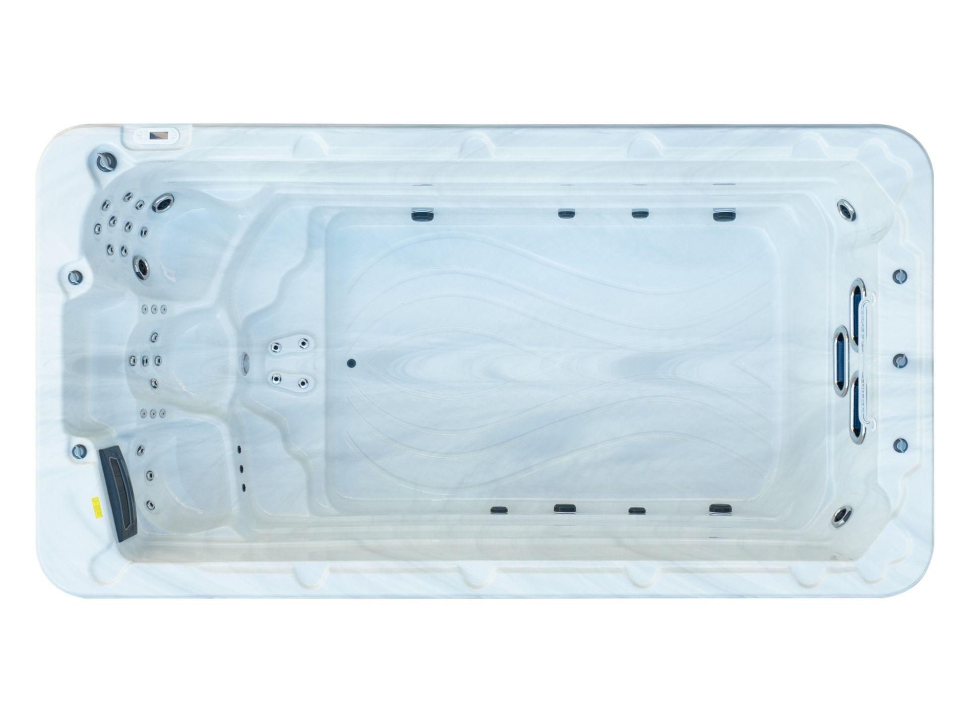 Top view of Swim Spa Ultimate 16 showing spacious swim area and integrated seating, built on a galvanized steel frame