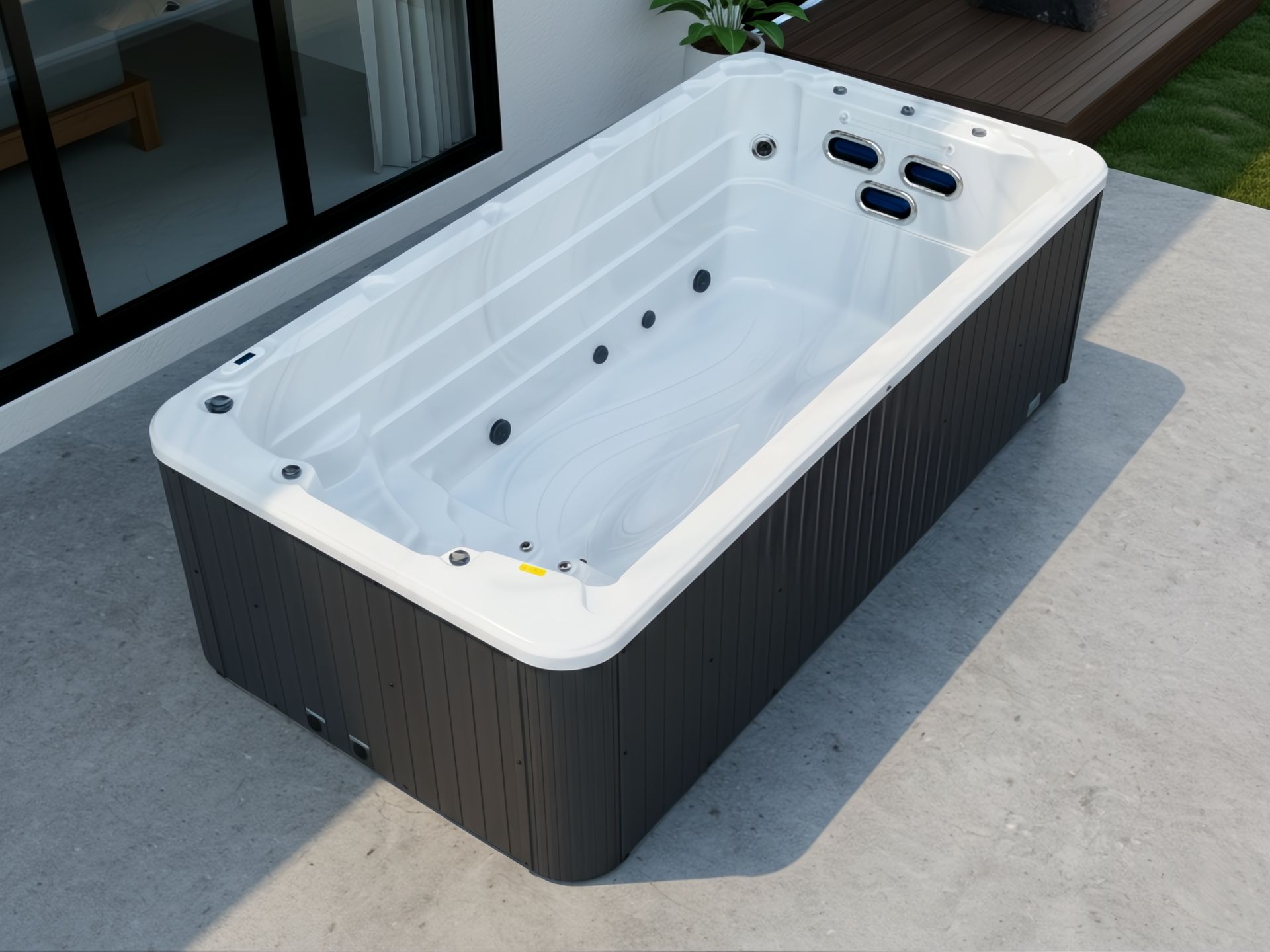 สระว่ายน้ำสปาว่ายทวนกระแสแบบตั้งลอย ดีไซน์ทันสมัย สีขาว พร้อมระบบนวดด้วยเจ็ท เหมาะสำหรับติดตั้งในบ้านหรือวิลล่า ใช้ได้ทั้งว่ายน้ำ ออกกำลังกาย และแช่ผ่อนคลาย