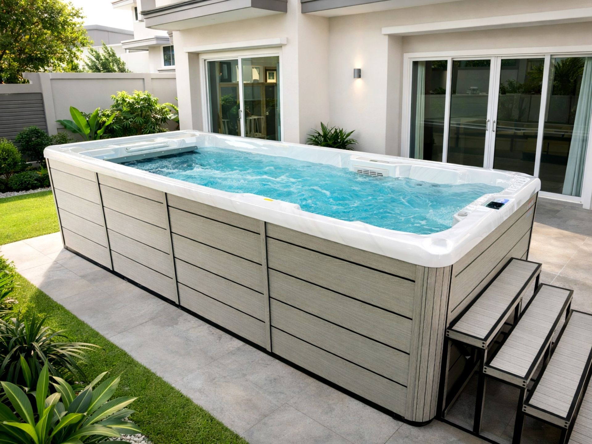 Swim spa filled with water and running counter-current swim system, supported by a durable galvanized steel frame.