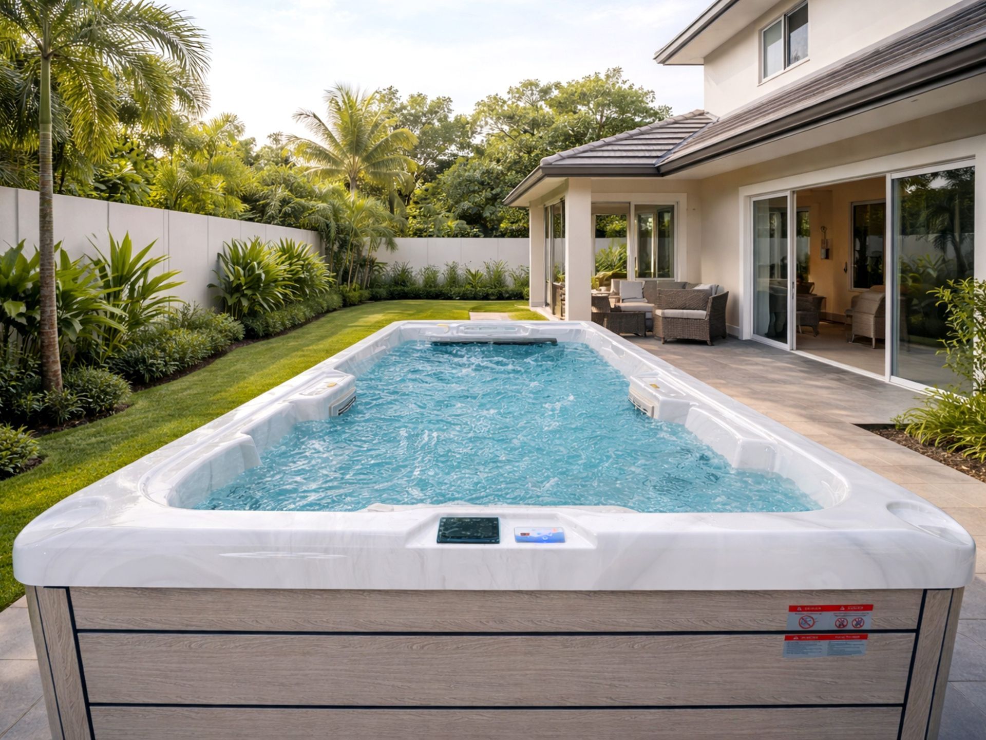 Modern rectangular swim spa installed in a tropical backyard beside a contemporary house, featuring