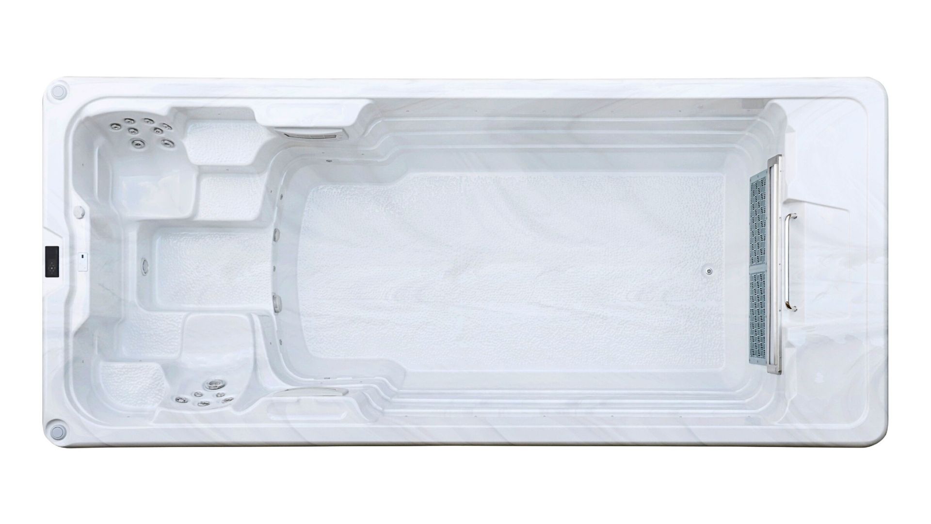 Top view of Swim Spa Ultimate 16 showing spacious swim area and integrated seating, built on a galvanized steel frame