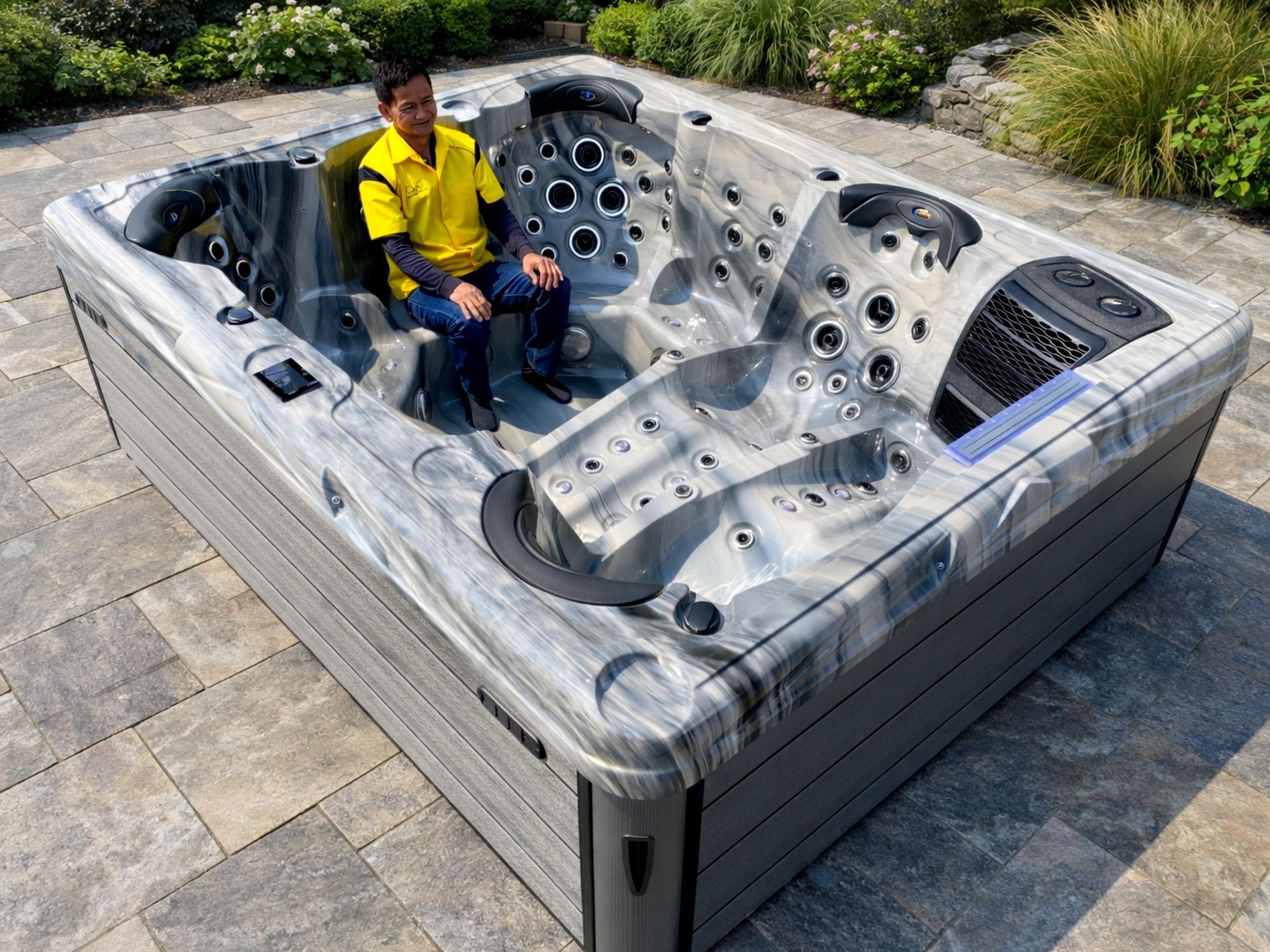 อ่างน้ำร้อน รุ่น OCEANFRONT Alfa (โอเชี่ยนฟรอนท์ อัลฟ่า) แบบที่นอนเลาจน์คู่ หันหน้าไปทางทิศเดียวกัน เพื่อชมวิวพร้อมกันขณะแช่น้ำกับคนรัก มาพร้อมระบบเจ็ทนวดน้ำแรงดันสูง เหมาะสำหรับบ้านพักอาศัย วิลล่า และรีสอร์ทหรู