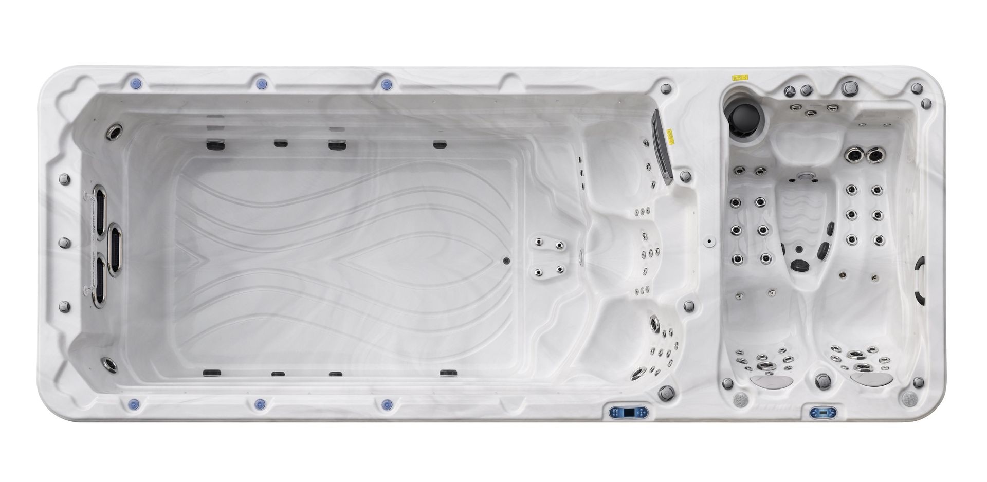 ภาพมุมสูงของสระว่ายน้ำทวนกระแส รุ่น อาเธนส์ ทู แสดงพื้นที่ว่ายน้ำและโซนอ่างน้ำร้อนในชุดเดียว