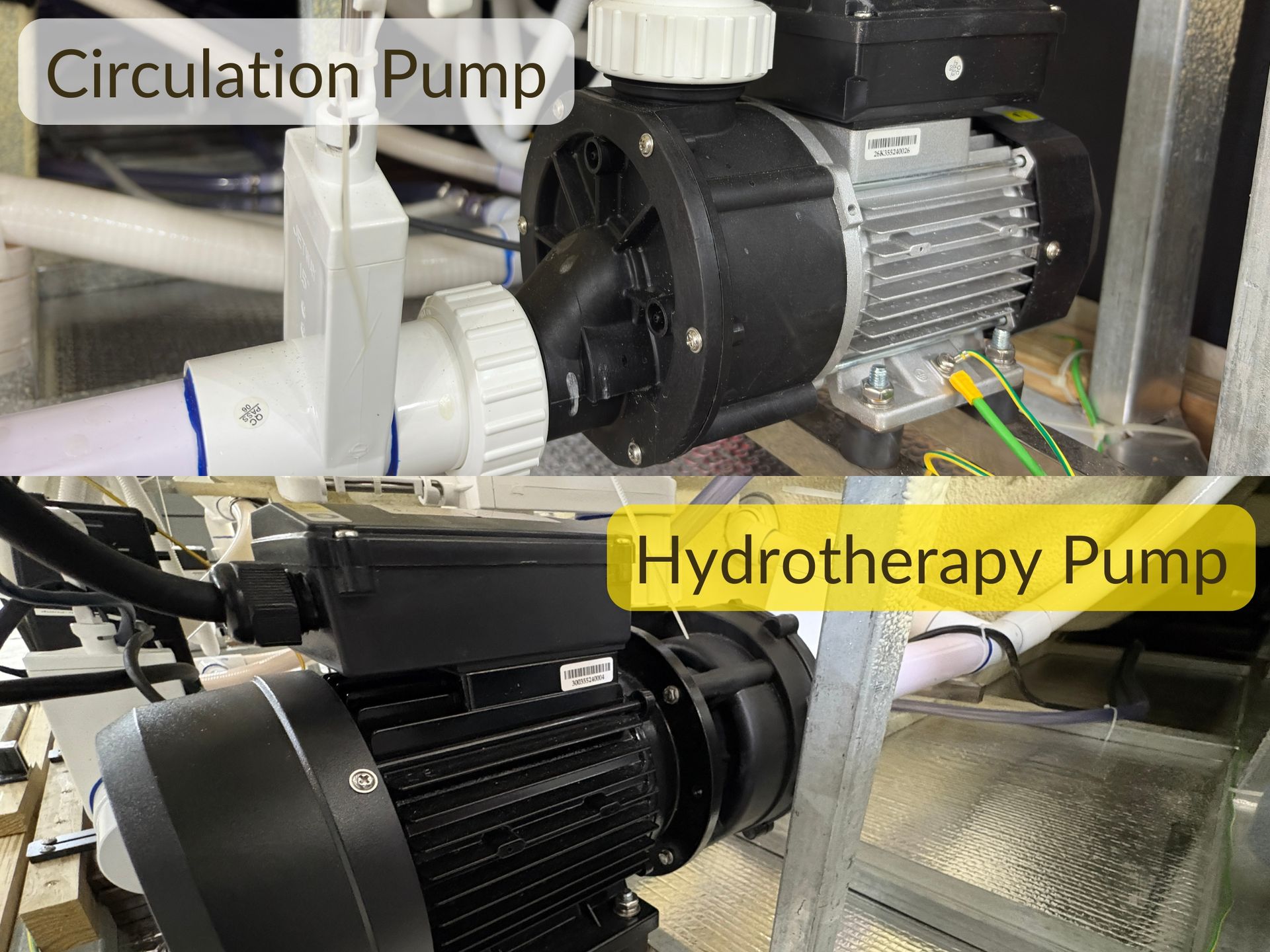 Large hydrotherapy pump inside a hot tub cabinet used to power high-pressure massage jets.