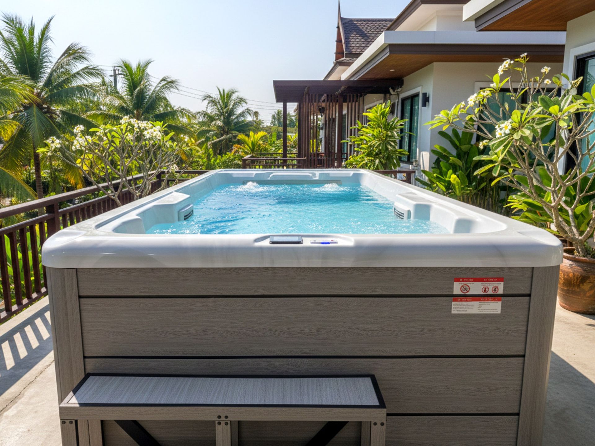 Compact above-ground swim spa for home use, ideal for small outdoor spaces in tropical climates.