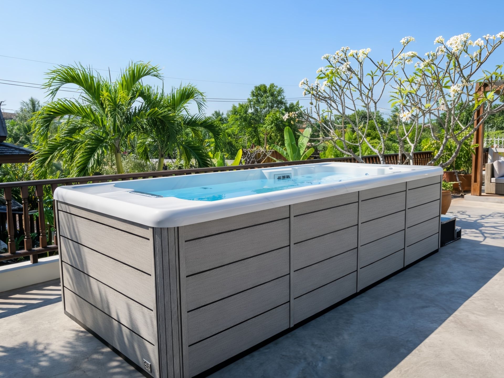 Swim Spa Ultimate 16 small swimming pool installed outdoors at a private home in Thailand