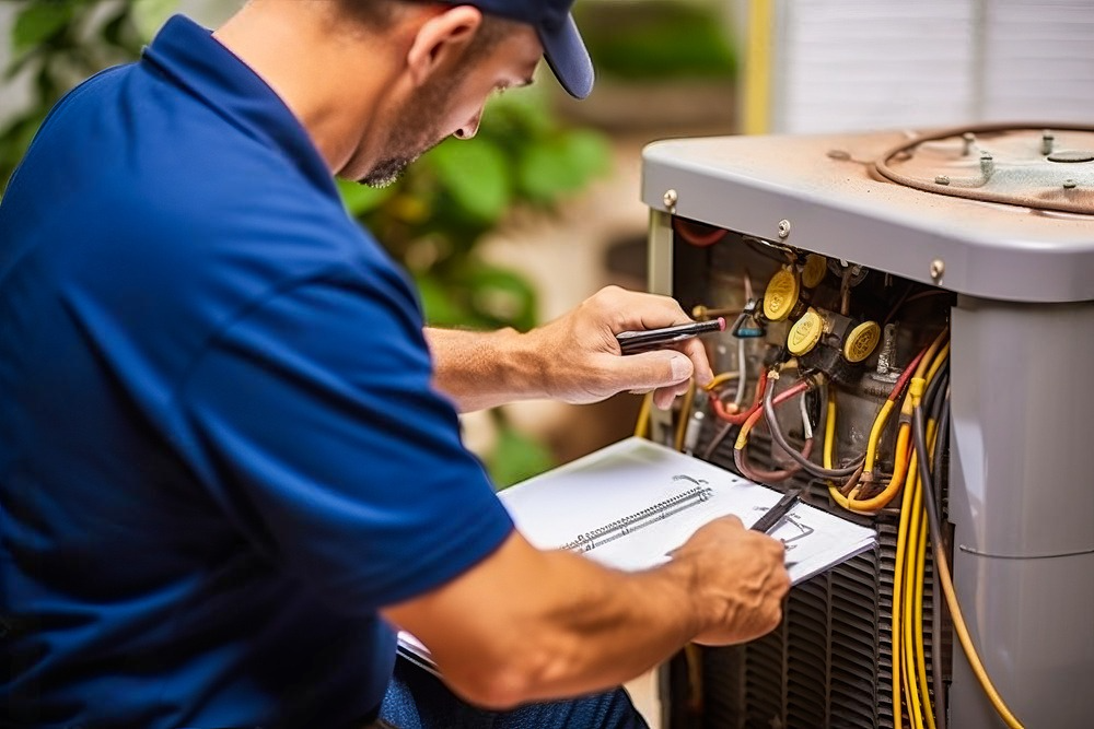 A man is working on an air conditioner while taking notes.