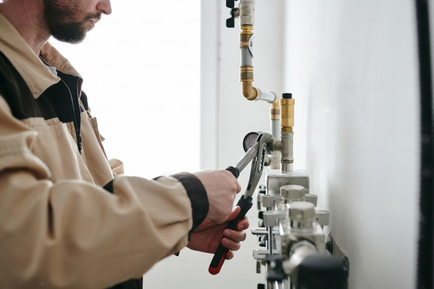 A man is fixing a pipe with a wrench.